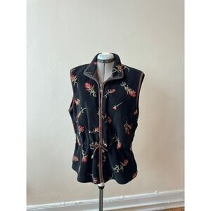 Vintage Black Floral Fleece Zip Vest with Drawstring Waist